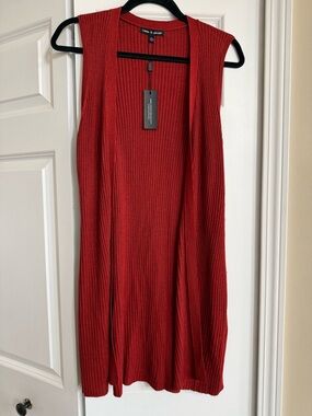 Cable and Guage Red Ribbed Sleeveless Duster Cardigan
